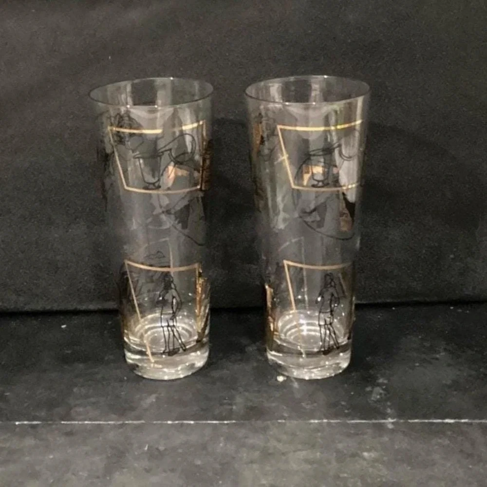 Fuller Brush Swanky Swig Tumblers, Set of 2, Vintage Black Gold Highball Glasses